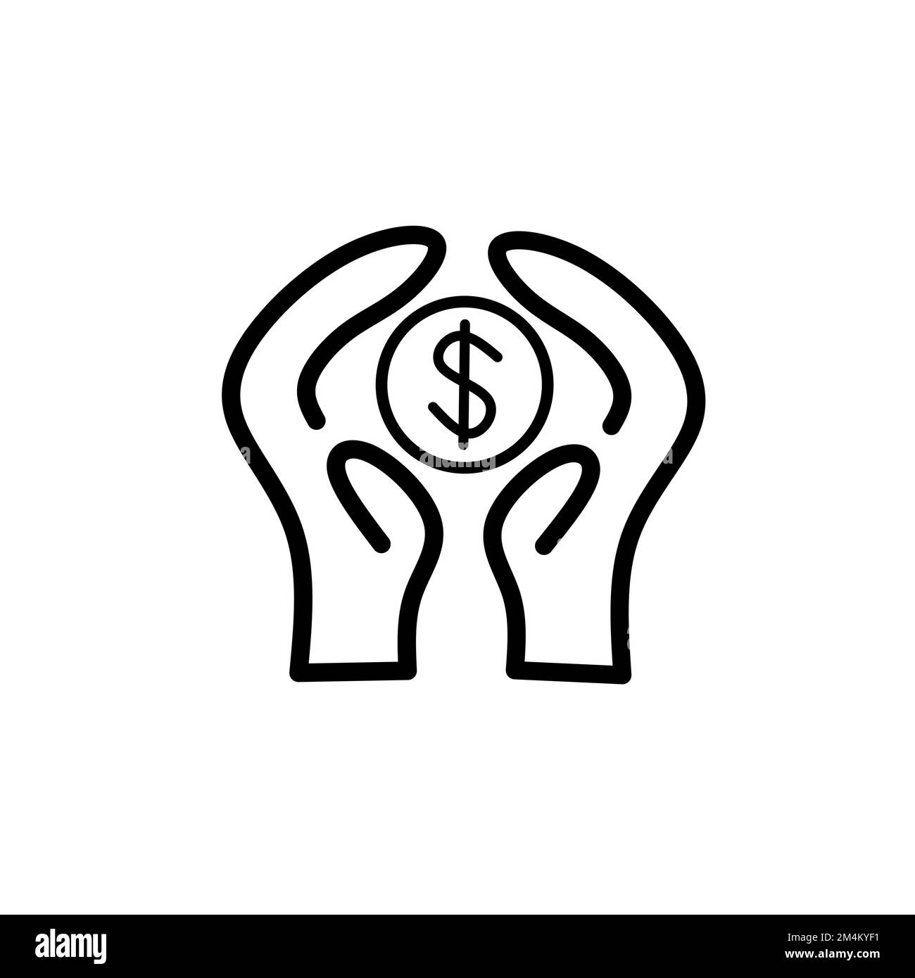 An icon of outlined hands holding a coin isolated on a white background ...