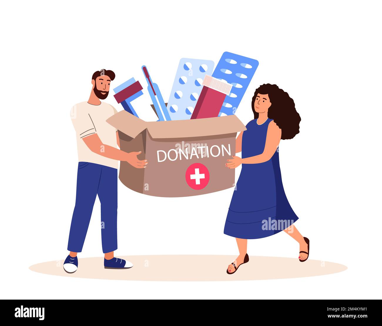 People donating Medicaments First Aid help. Charity, support and donation concept. Humanitarian charitable help.Philanthropy, charitable foundation.Fl Stock Photo