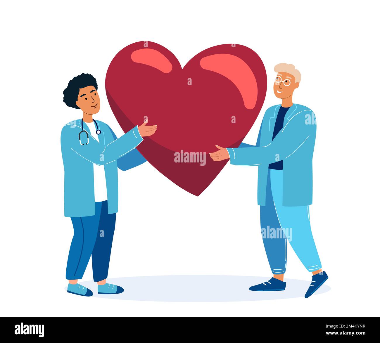 Healthcare, Transplantation, Blood Donation Male and Female Characters in Medical Uniform, Doctors, Nurses Carry Huge Heart and Blood Drop in Hands. D Stock Photo