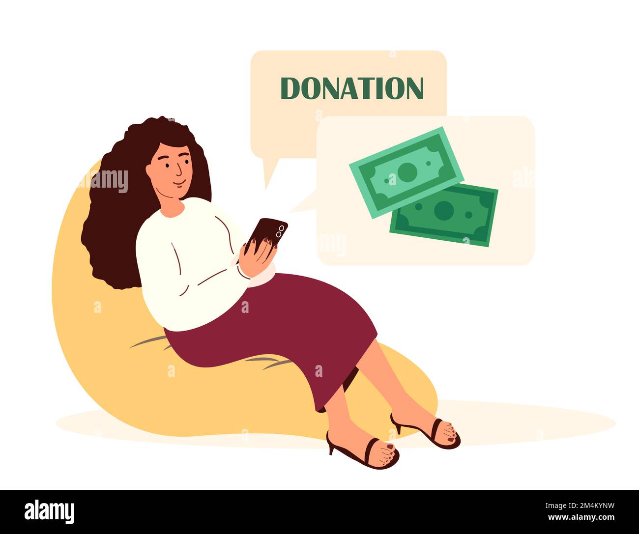 Contribution, Help to People in Need Concept.Woman, Female Character Use Mobile Application for Donation.Donate Money Push Button on Smartphone Screen Stock Photo