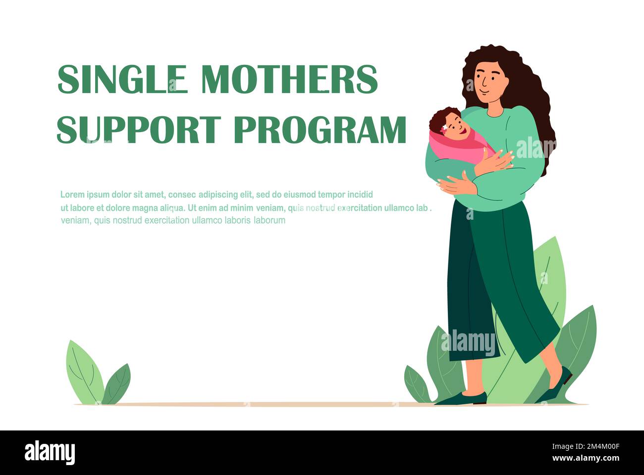 Programs for Single Mothers Landing Page Template. Young Female Character Holding Baby on Hands Adorable Woman and Child Communicate, Maternity, Mothe Stock Photo