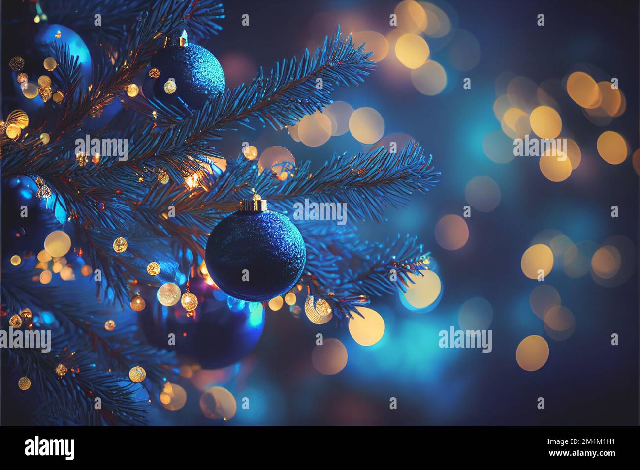 Dark Blue Christmas Tree with Glittering Ornaments and Defocused Lights