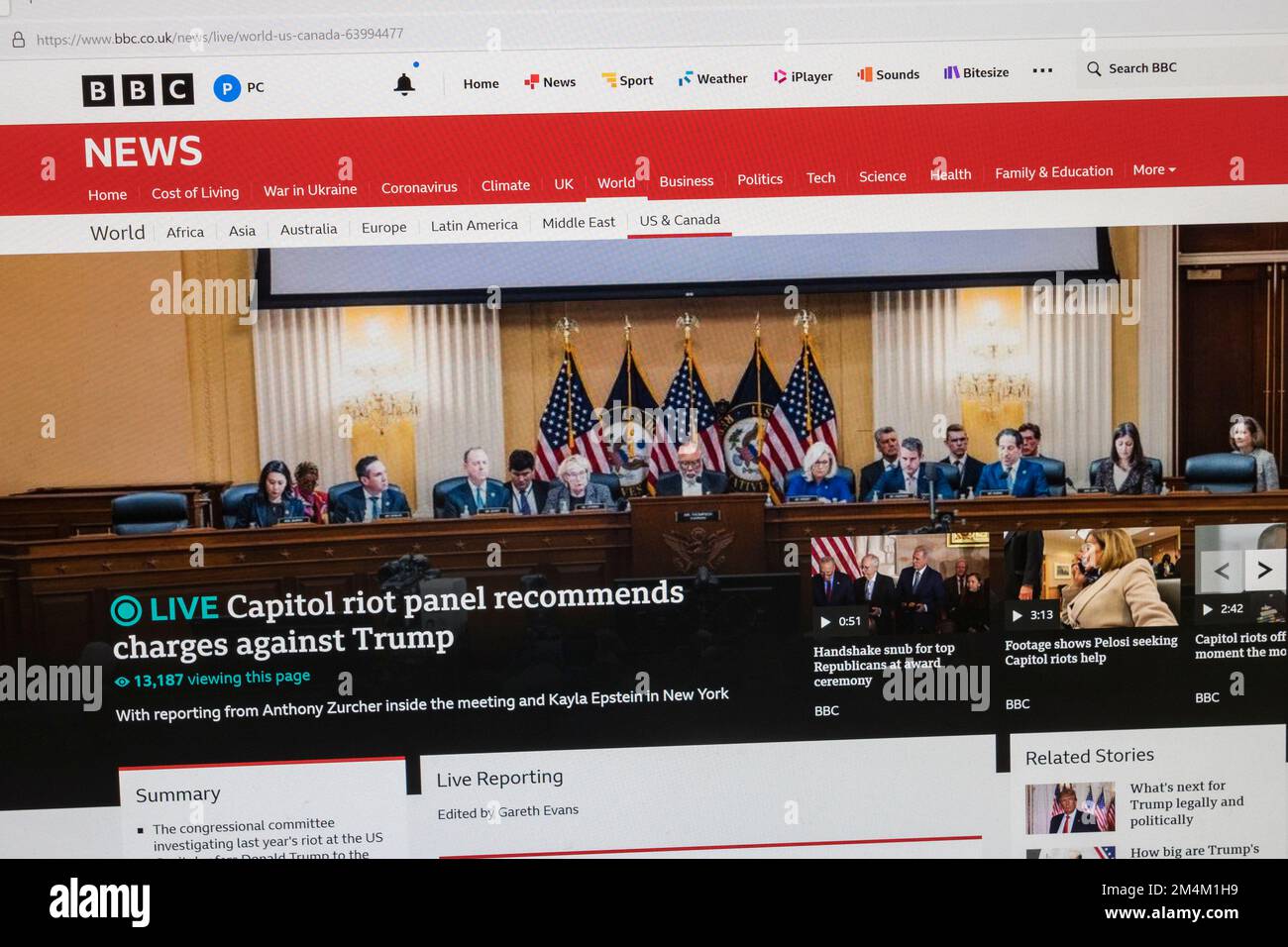 Headline on BBC News website with breaking news of the 6th January Committee referral of President Trump, 19th December 2022. Stock Photo