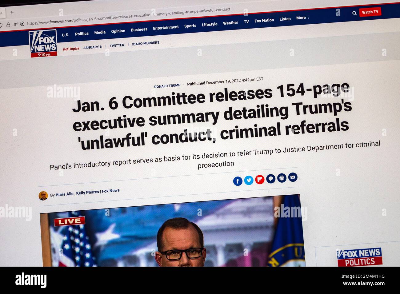 Headline on Fox News website with breaking news of the 6th January Committee referral of President Trump, 19th December 2022. Stock Photo