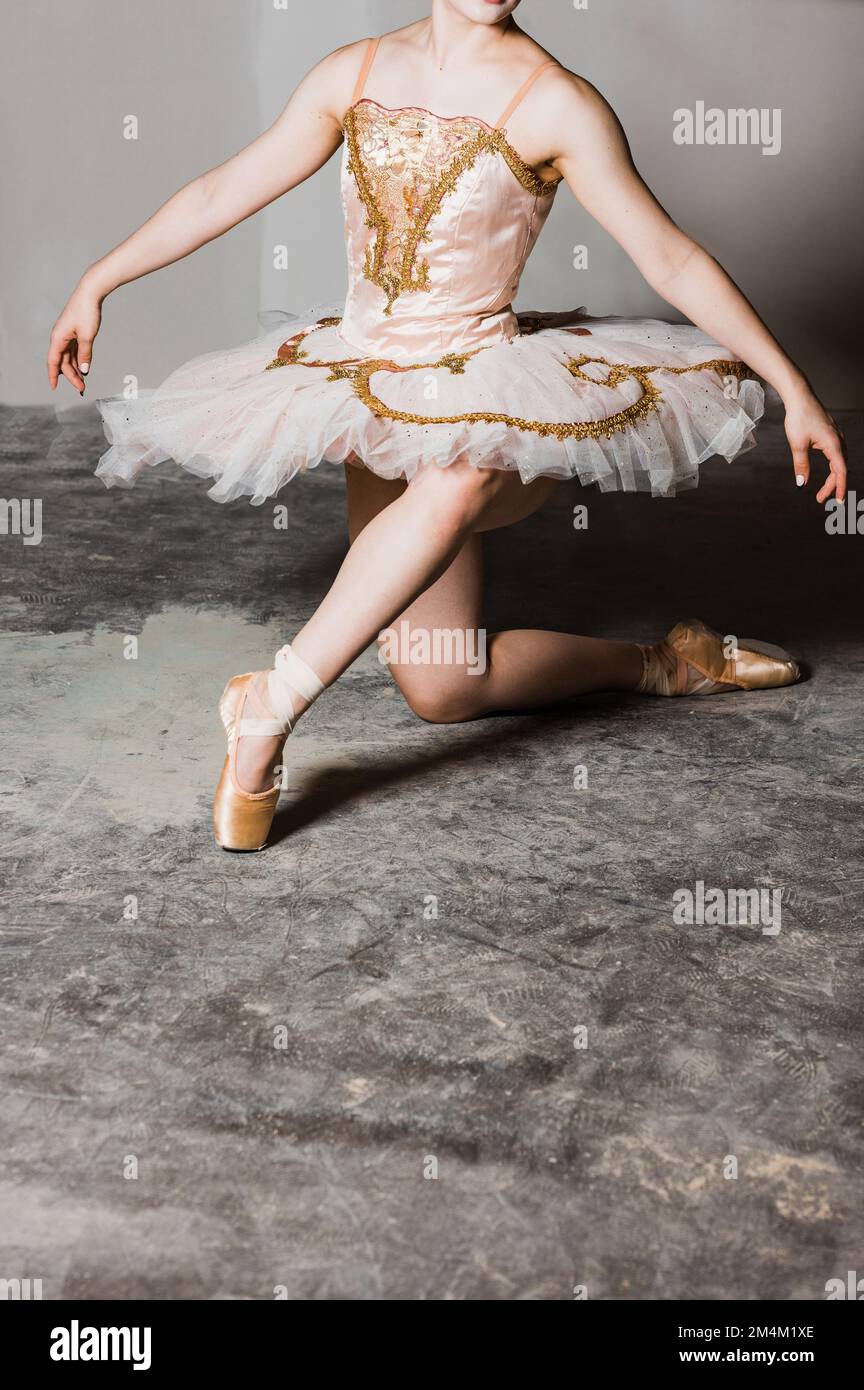1950s BRUNETTE BALLERINA WEARING TUTU STANDING EN POINTE BEFORE STAGE  CURTAIN LOOKING AT CAMERA HANDS ON HIPS - d2445 HAR001 HARS JOY LIFESTYLE  FEMALES JOBS HEALTHINESS COPY SPACE FULL-LENGTH LADIES PERSONS ENTERTAINMENT