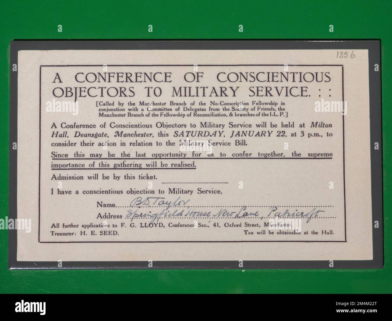 A Conscientious Objector conference leaflet sent out during WWI
