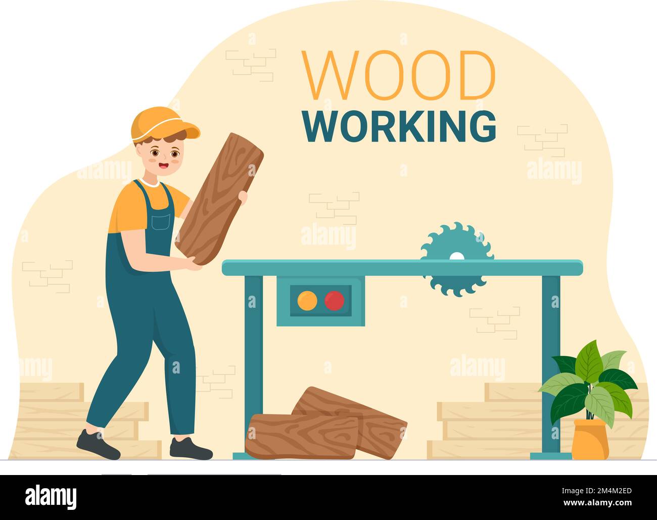 Woodworking with Wood Cutting by Modern Craftsman and Worker using