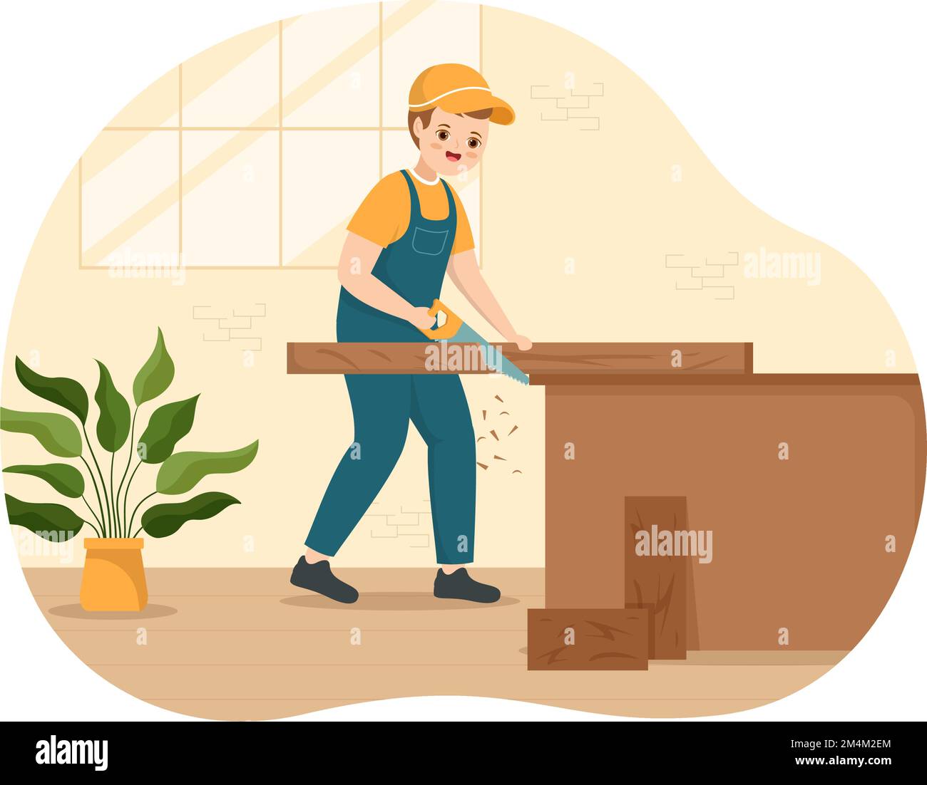 Woodworking with Wood Cutting by Modern Craftsman and Worker using