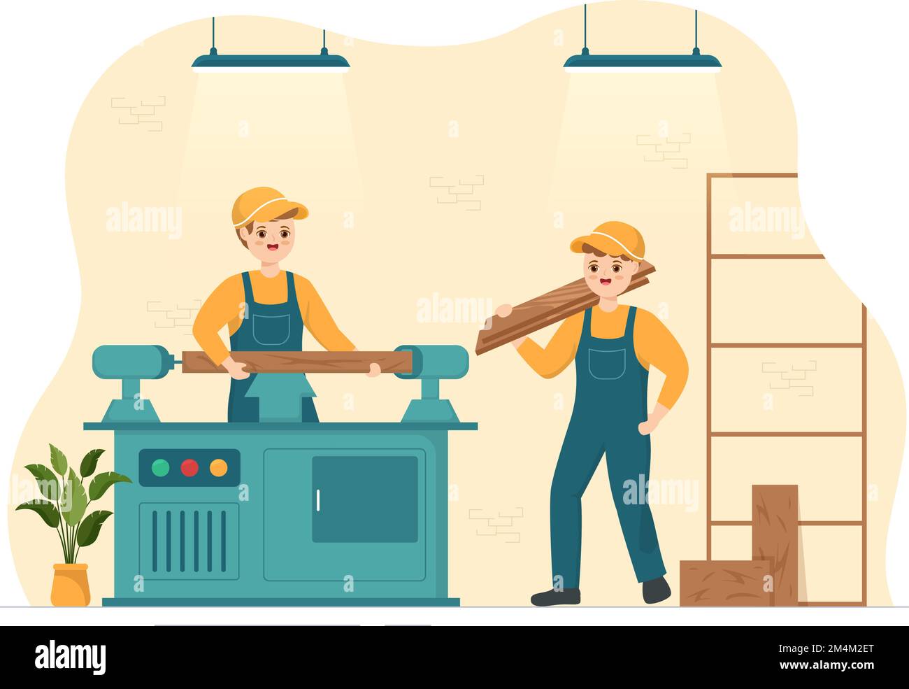 Woodworking with Wood Cutting by Modern Craftsman and Worker using