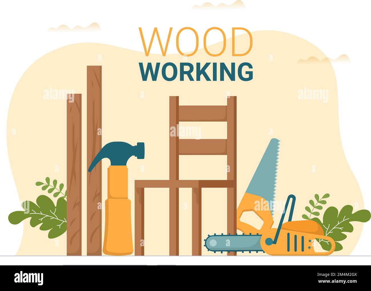 Woodworking with Wood Cutting by Modern Craftsman and Worker using Tools Set in Flat Cartoon Hand Drawn Template Illustration Stock Vector