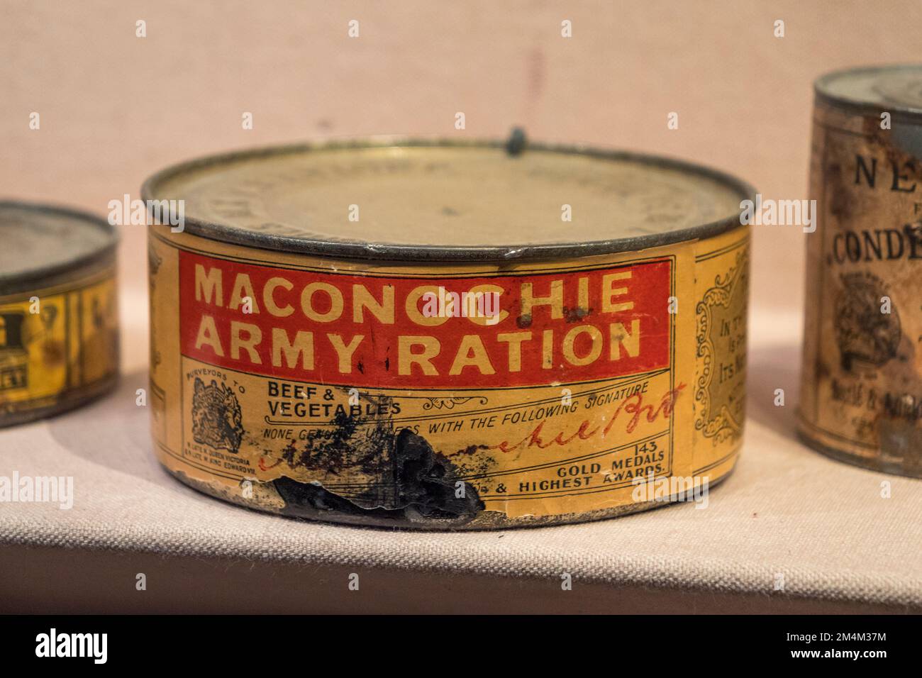 A WWI 'Maconochie' Army Ration tinned food, Imperial War Museum, London, UK. Stock Photo