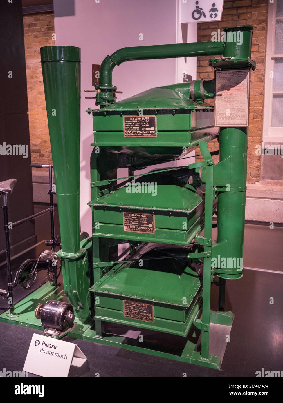 A WWII air filtration system originally installed in the air raid shelter of Porchester Gate luxury flats in London, Imperial War Museum, London, UK. Stock Photo