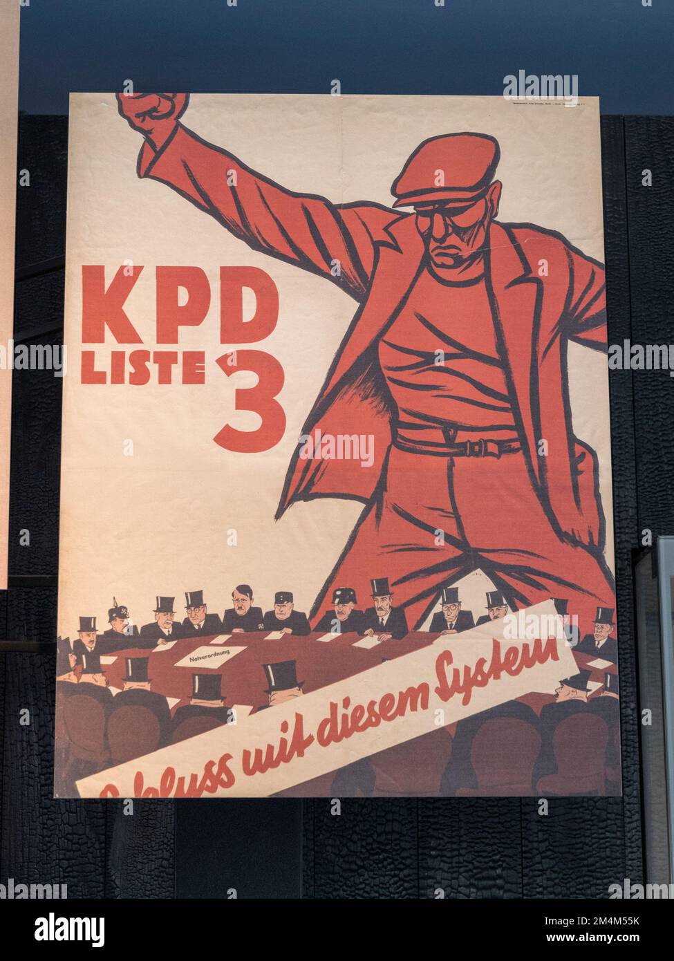 A 1930s anti-Government propaganda poster from the Communist Party of Germany, Holocaust Galleries, Imperial War Museum, London, UK. Stock Photo