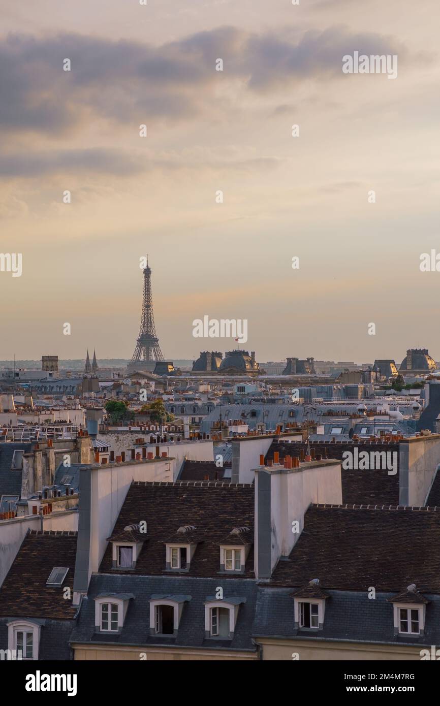 Cityscape of Parisian rooftops and Eiffel Tower. Famous landmark, cultural icon, tourist destination in Paris, France. Vertical background, copy space Stock Photo