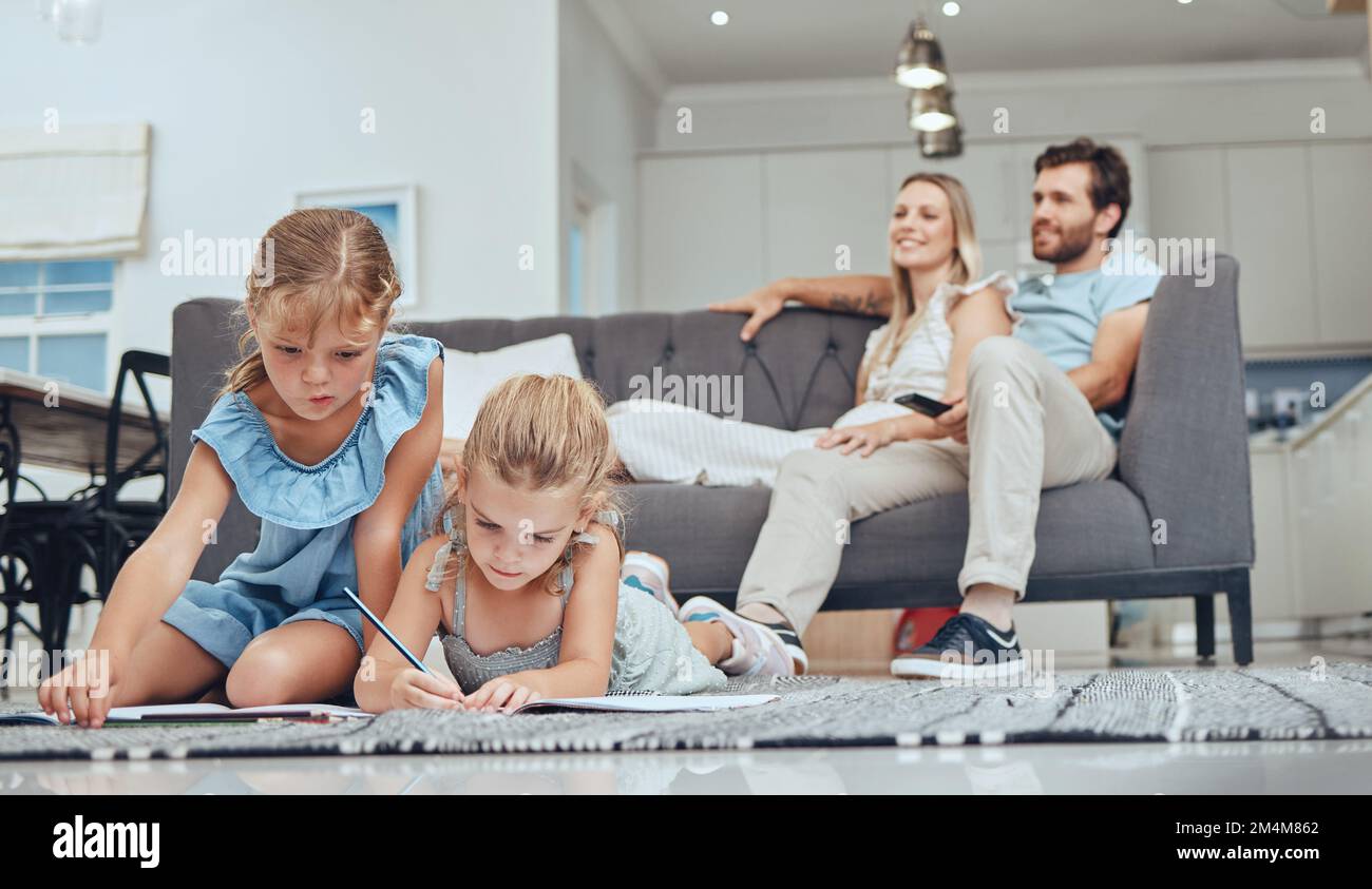 Relax, children drawing and parents on sofa in the living room bonding, homeschool and kids learning. Education, family and girls doing homework on Stock Photo