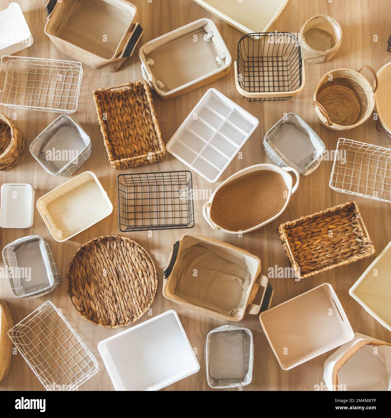 Flat lay of storage boxes; containers and baskets with different sizes and shapes Stock Photo