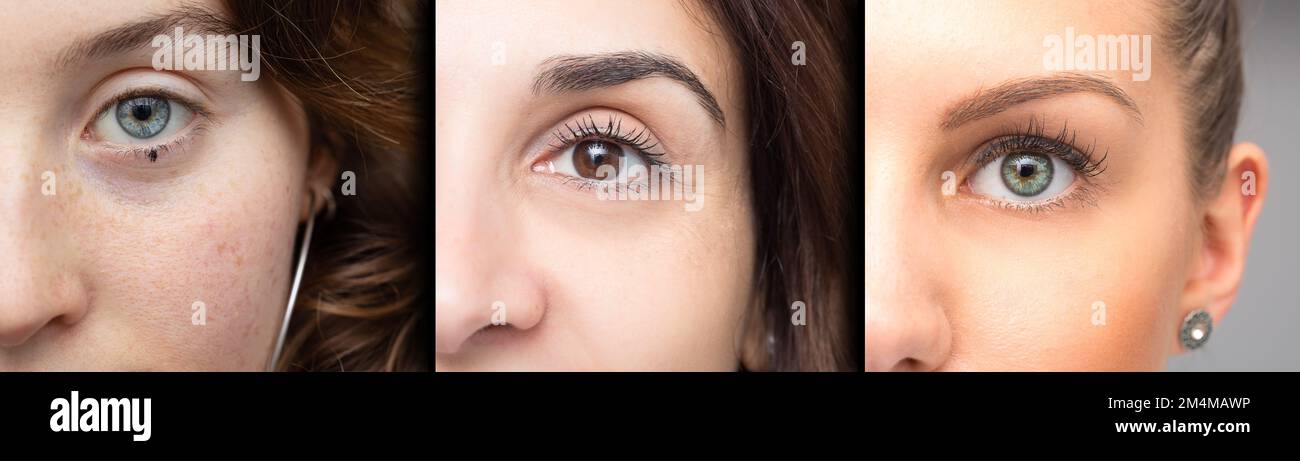 Three beautiful girls eyes in comparison, collage to show the diversity of beauty Stock Photo