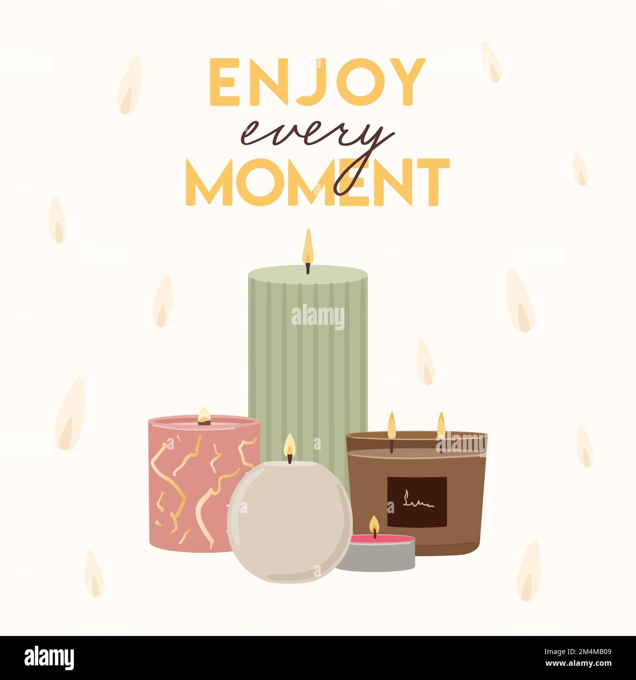 Enjoy every moment quote. Illustration of scented burning candles with