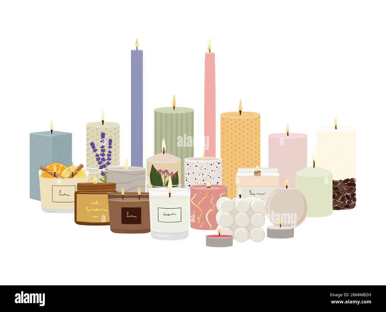 Set of scented burning candles stand together. Beeswax, paraffin, soy