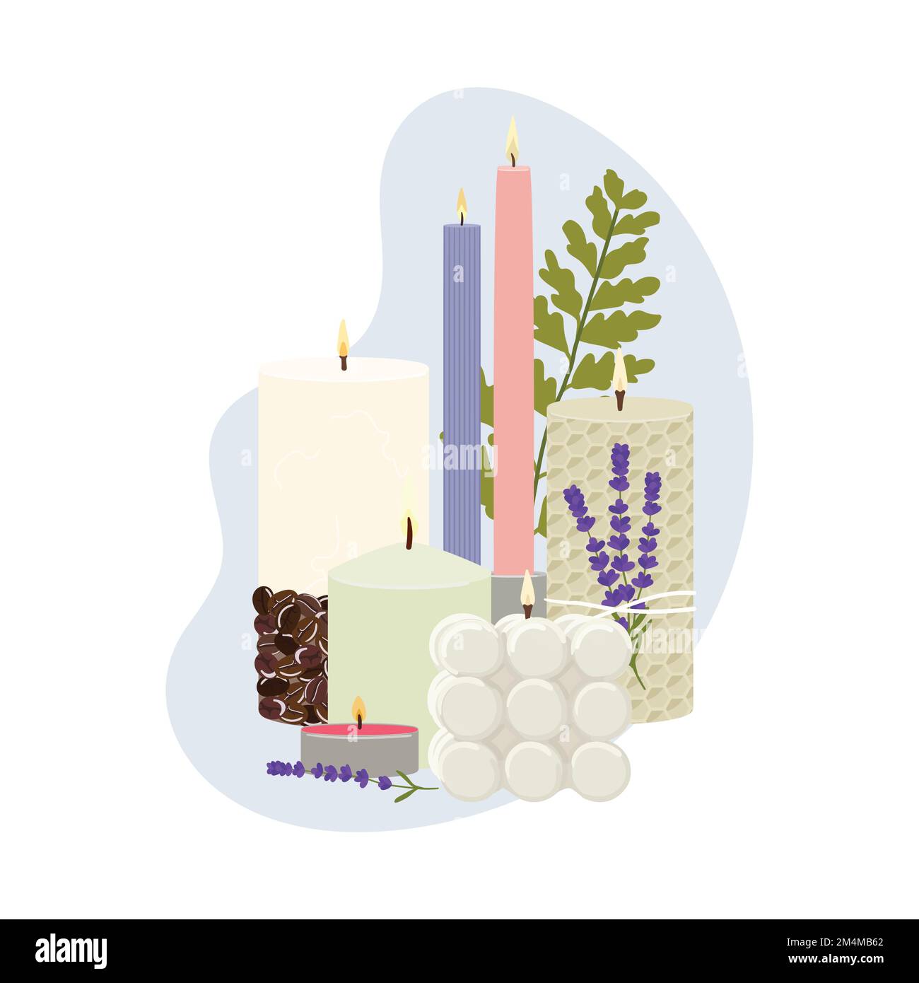 Illustration of scented burning candles. Beeswax, paraffin, soy