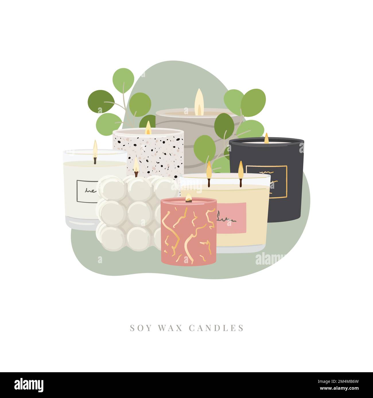 Illustration of scented burning candles. Soy wax candles with greenery