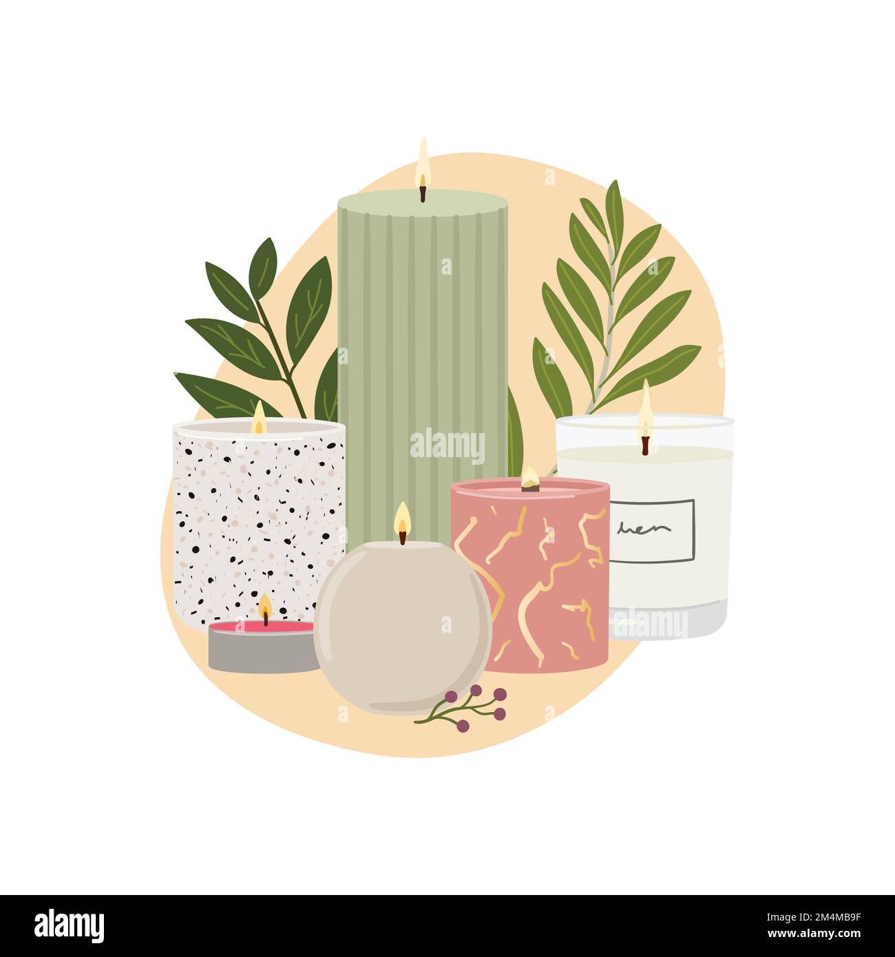 Illustration of scented burning candles. Beeswax, paraffin, soy