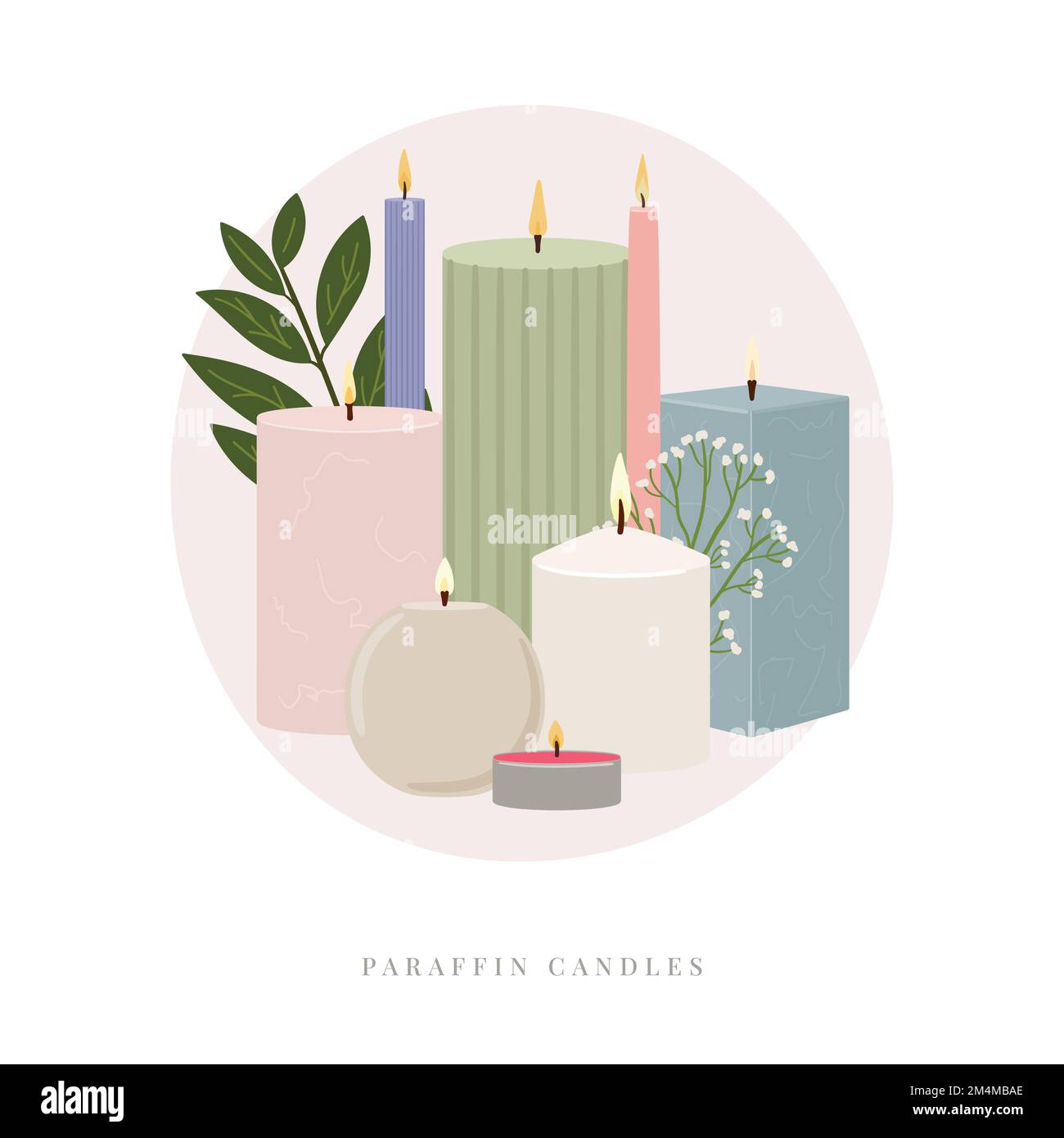 Illustration of scented burning candles. Paraffin pillar candles with