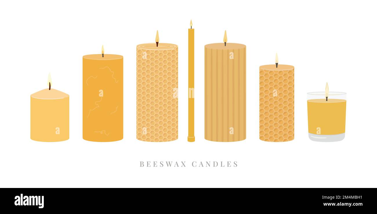 Set of scented burning candles. Beeswax candles in jar and pillar. Home