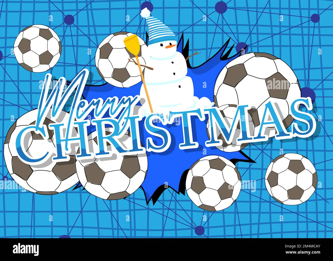 Football ball with Merry Christmas text. Cartoon sport poster. Stock Vector