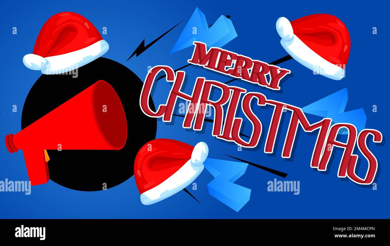 Merry Christmas text with cartoon Megaphone. Vector Announcement illustration. Stock Vector