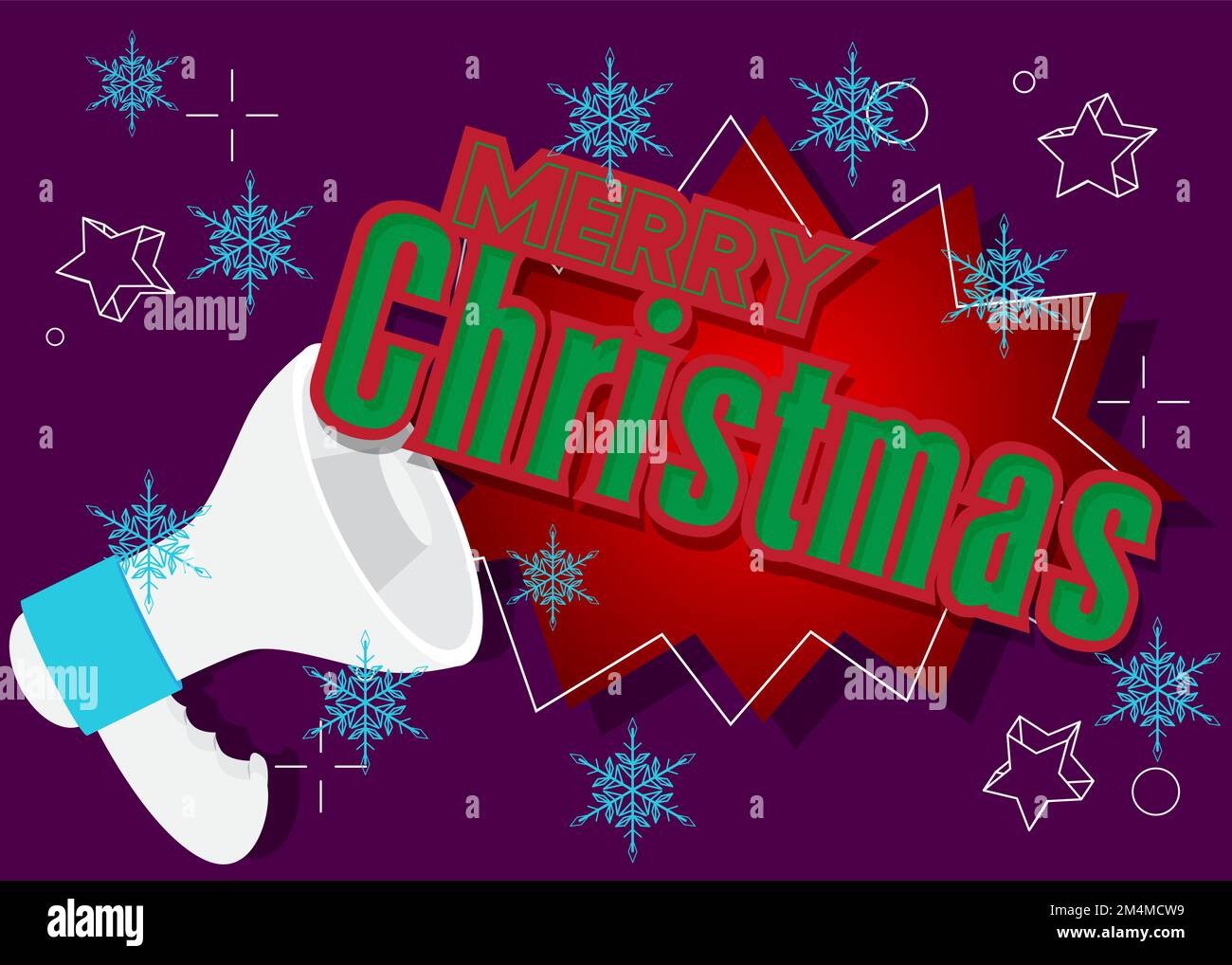 Merry Christmas text with cartoon Megaphone. Vector Announcement illustration. Stock Vector