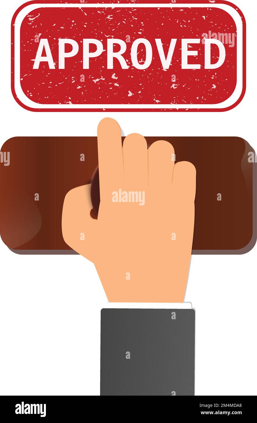 Hand holding rubber stamp. Notary stamping approved word on a paper