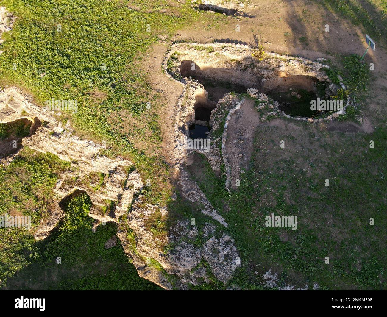Drone view at the necropolis of Anghelu Ruju on Sardinia in Italy Stock Photo