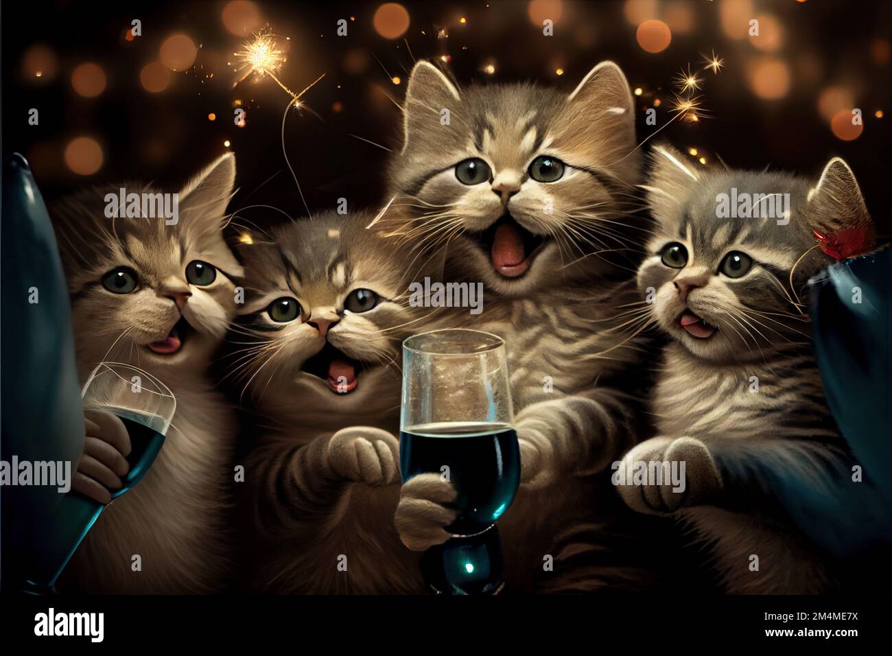 Funny smiling friends cats celebrating at festival event with glasses of  champagne, party time concept Stock Photo - Alamy