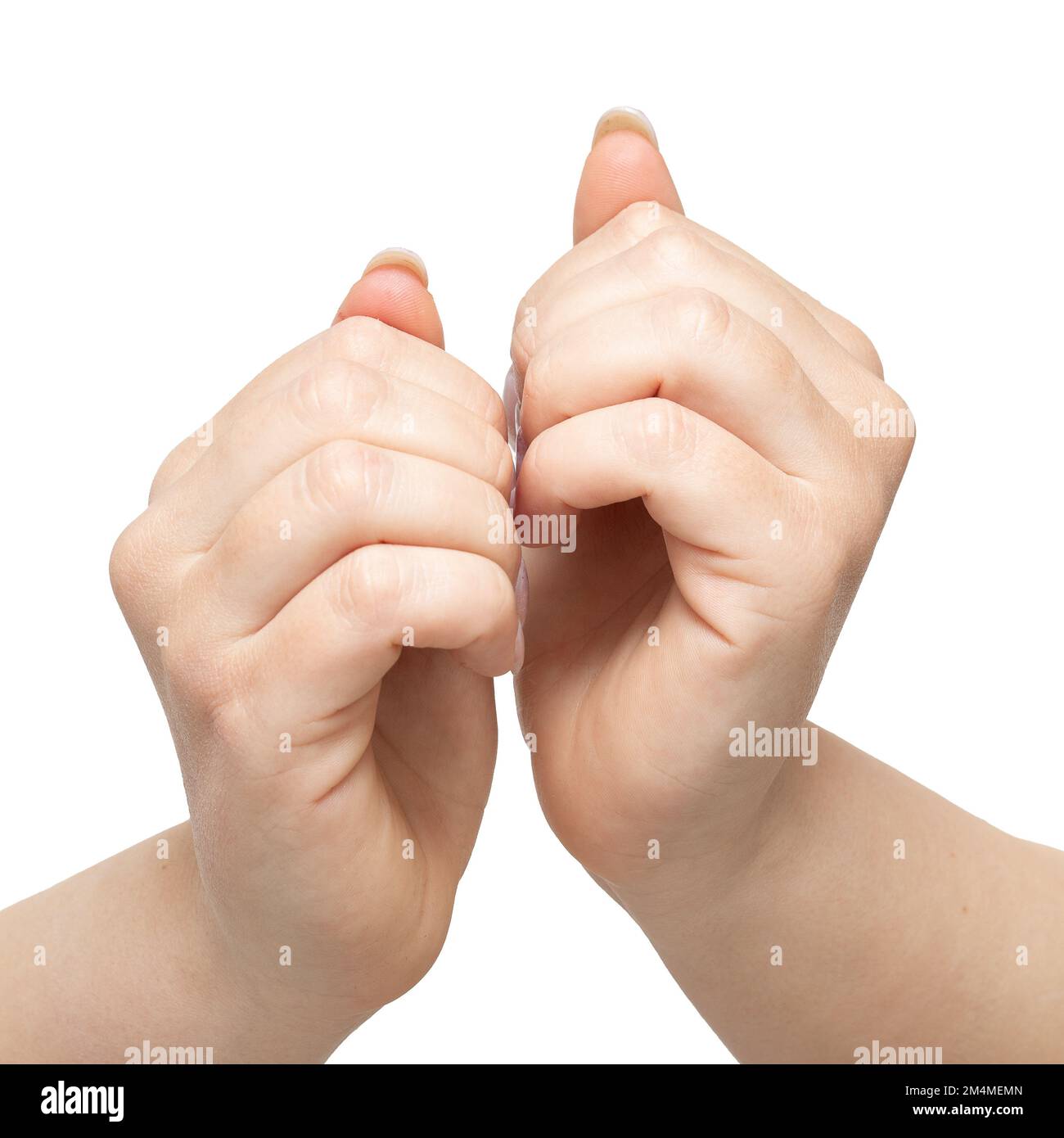 Close up of hands of woman during Balayam exercices, a yoga asanas that consists in rubbing nails  for hair growth and for healthy hair, isolated on w Stock Photo