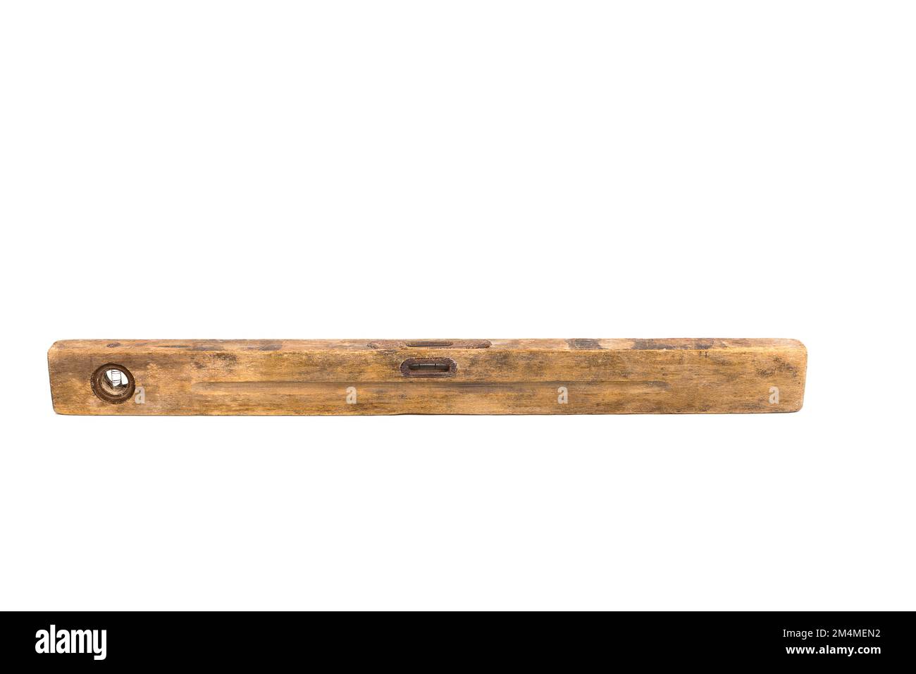 Old vintage construction wood level on a white background Stock Photo