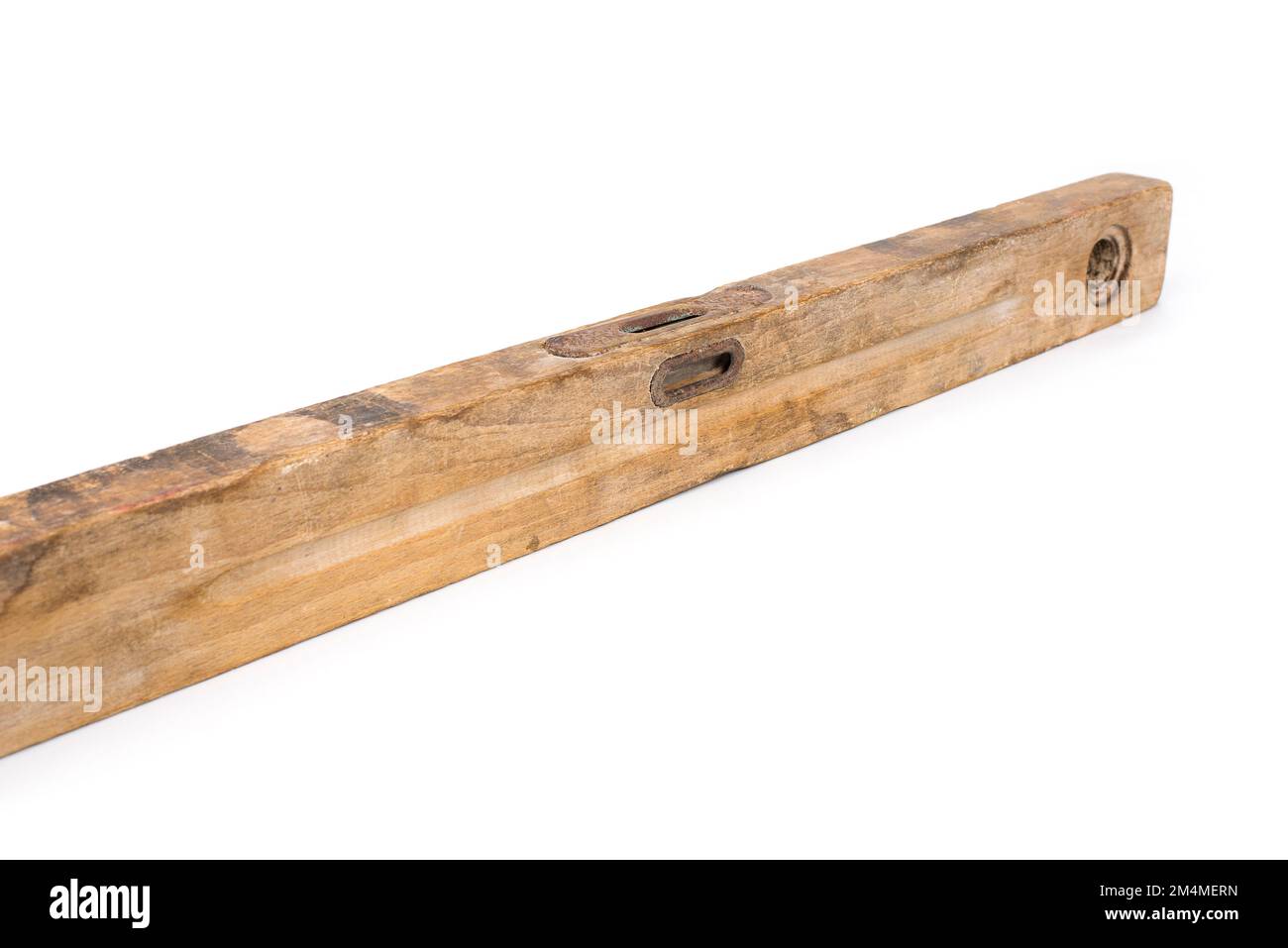 Old vintage construction wood level on a white background Stock Photo