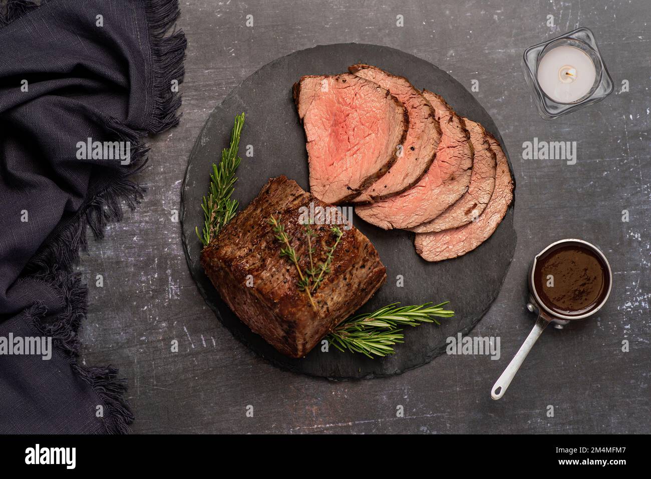 Food photography of roasted beef, fillet, beefsteak, meat, butchery, sauce Stock Photo