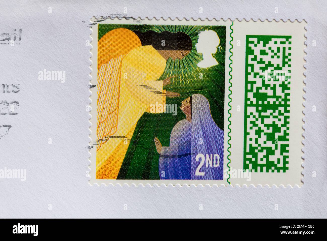 2nd class Christmas stamp stuck on envelope - stamp barcoded, stamp barcode UK 2022 Stock Photo