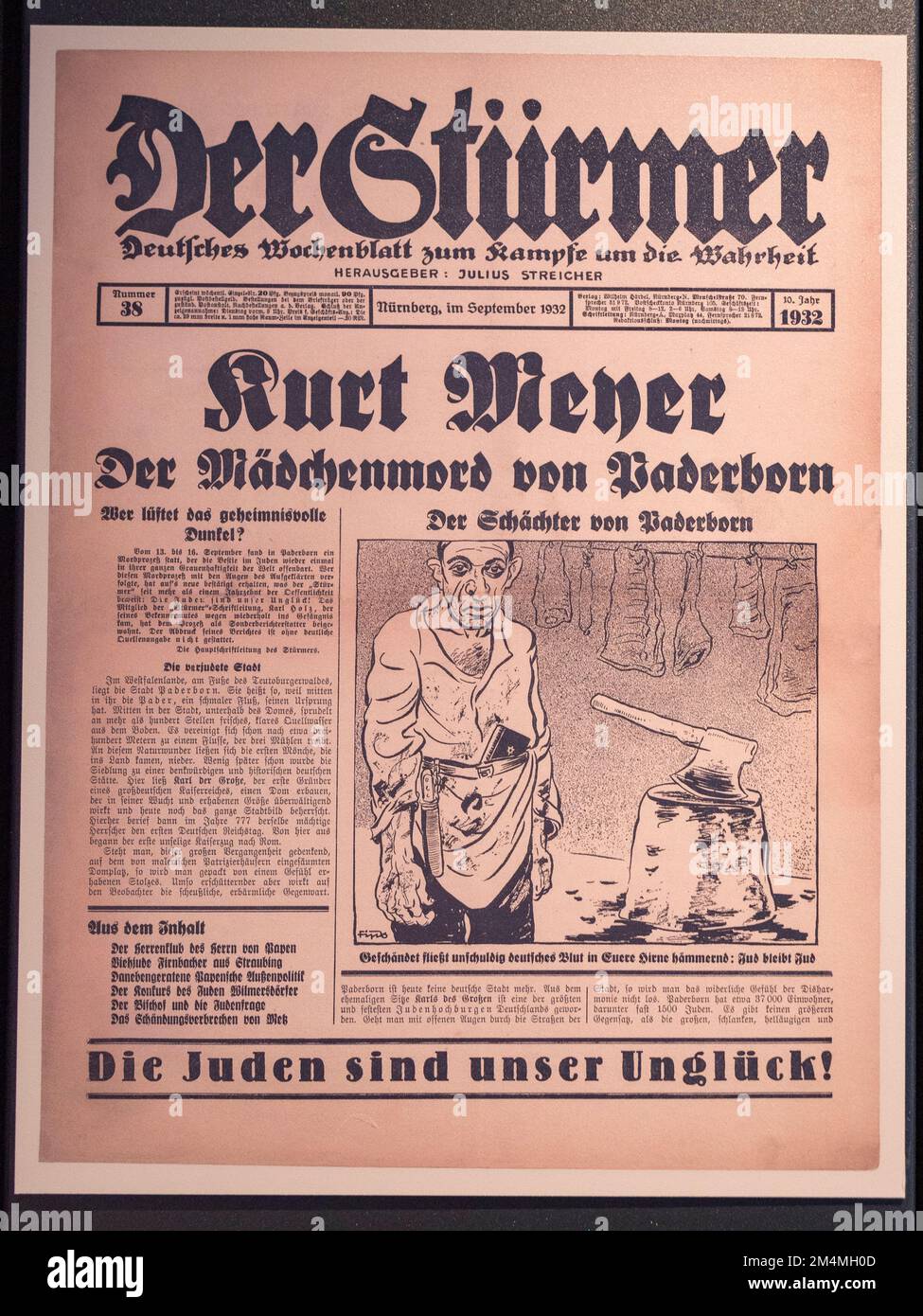 'Der Stürmer' (The Striker') with anti-semitic front page in September 1932 a weekly German tabloid-format, Imperial War Museum, London, UK. Stock Photo