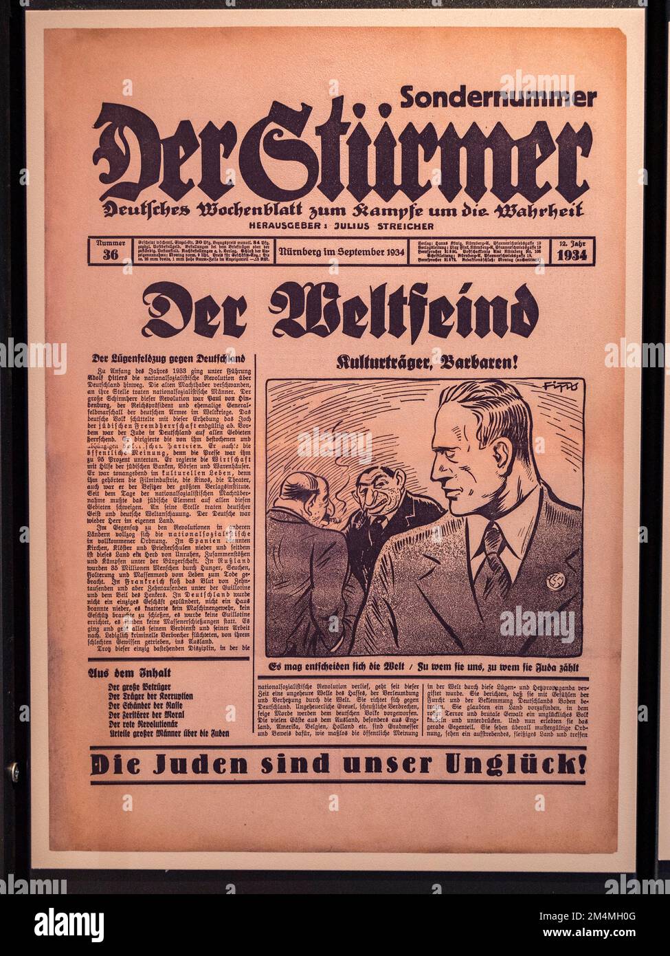 'Der Stürmer' (The Striker') with anti-semitic front page in September 1934 a weekly German tabloid-format, Imperial War Museum, London, UK. Stock Photo