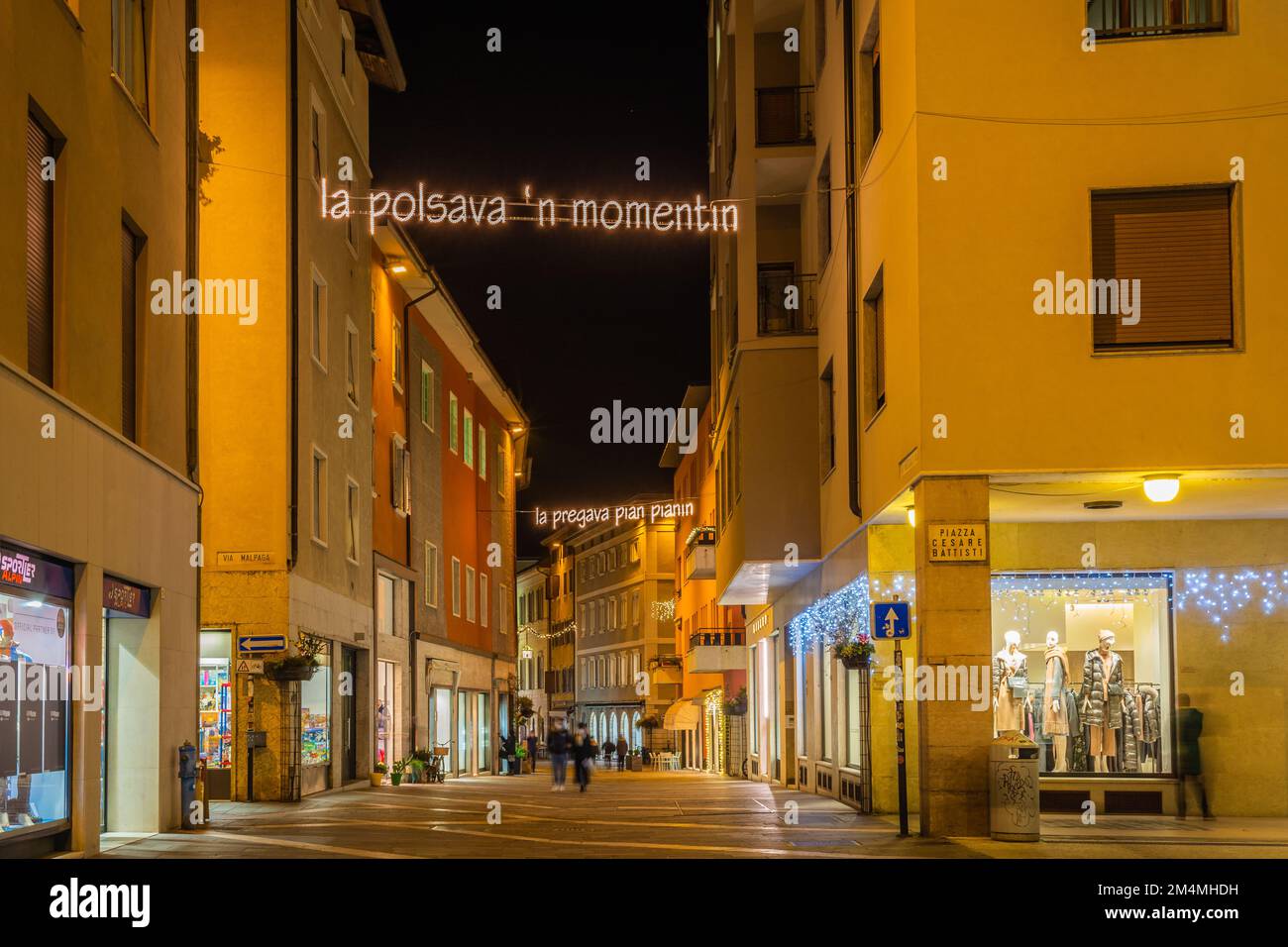Trento street night with Christmas lighting - Trento -  Trentino Alto Adige, northern Italy - Europe. Urban scene Stock Photo