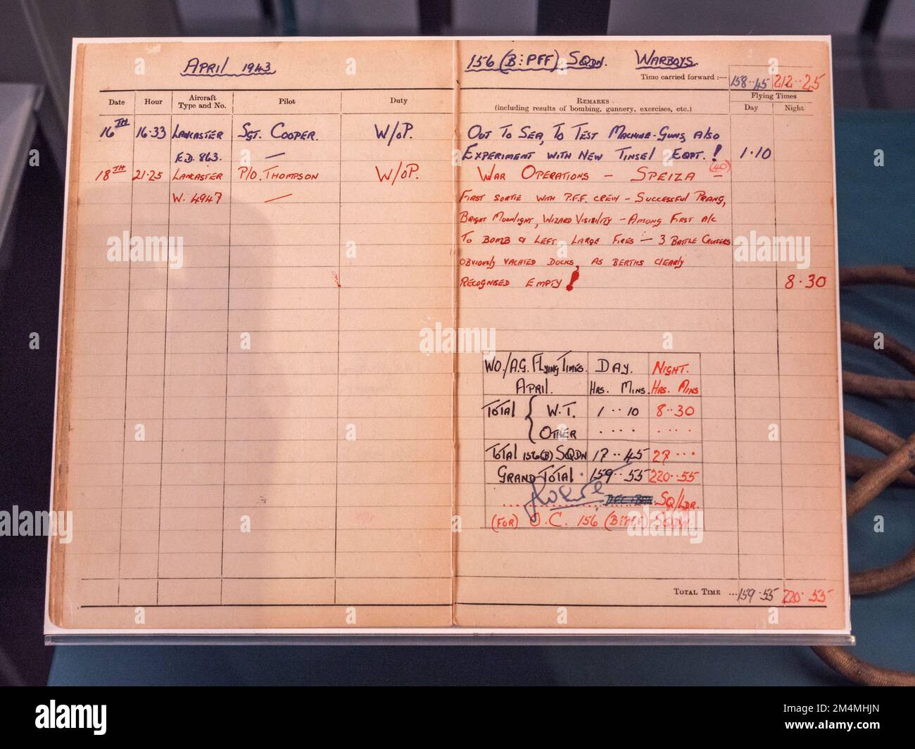 Flight log book of a RAF gunner from WWII, Imperial War Museum, London, UK. Stock Photo