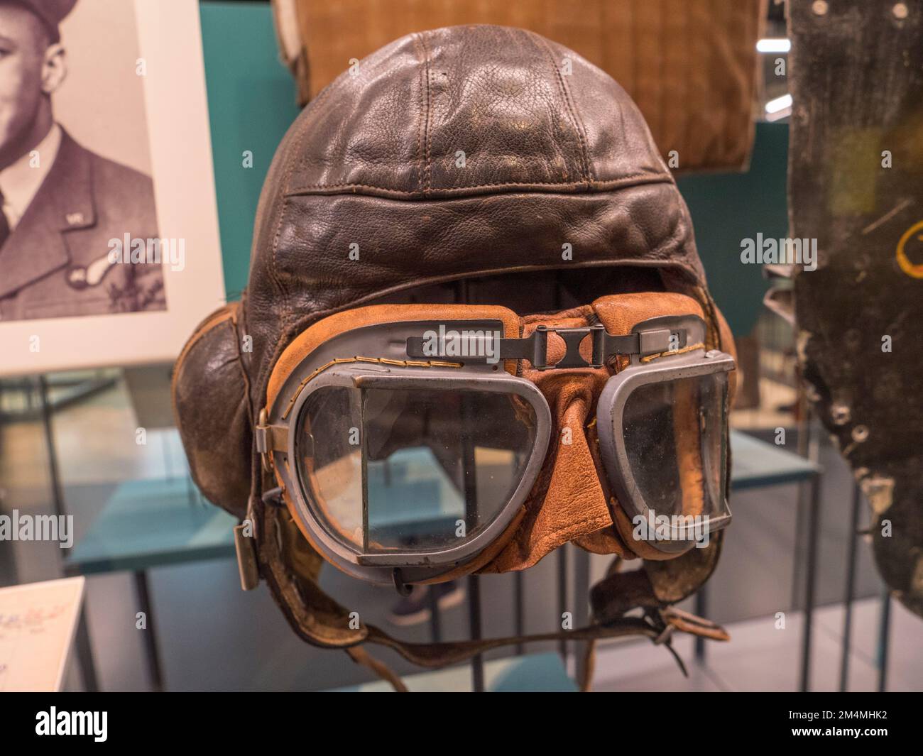 Flying goggles and helmet of an RAF gunner from WWII, Imperial War Museum, London, UK. Stock Photo