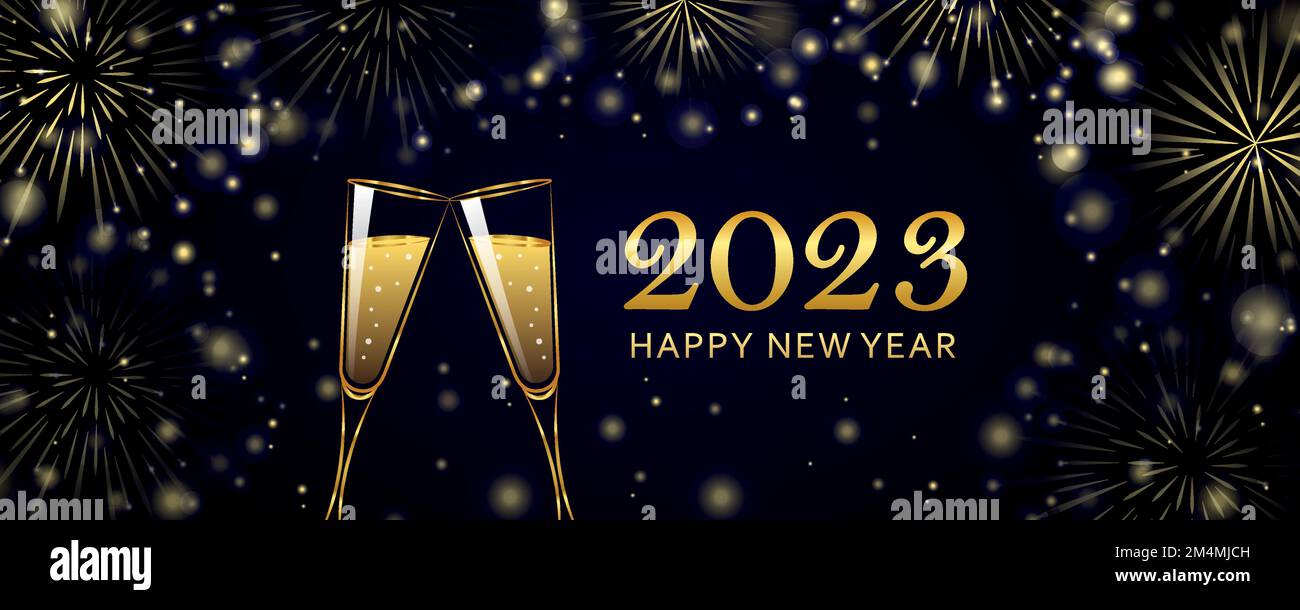 happy new year 2023 greeting card champagner and golden firework Stock Vector
