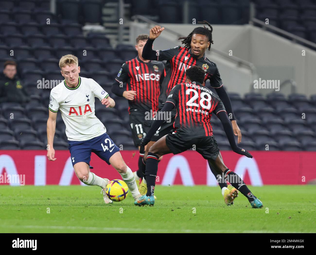 6th November 2019; Vozdovac Stadium, Belgrade, Serbia; UEFA Under 19 UEFA  Youth league football, FK Crvena Zvezda under 19s versus Tottenham Hotspur  under 19s; Harvey White and Jamie Bowden of Tottenham Hotspurs