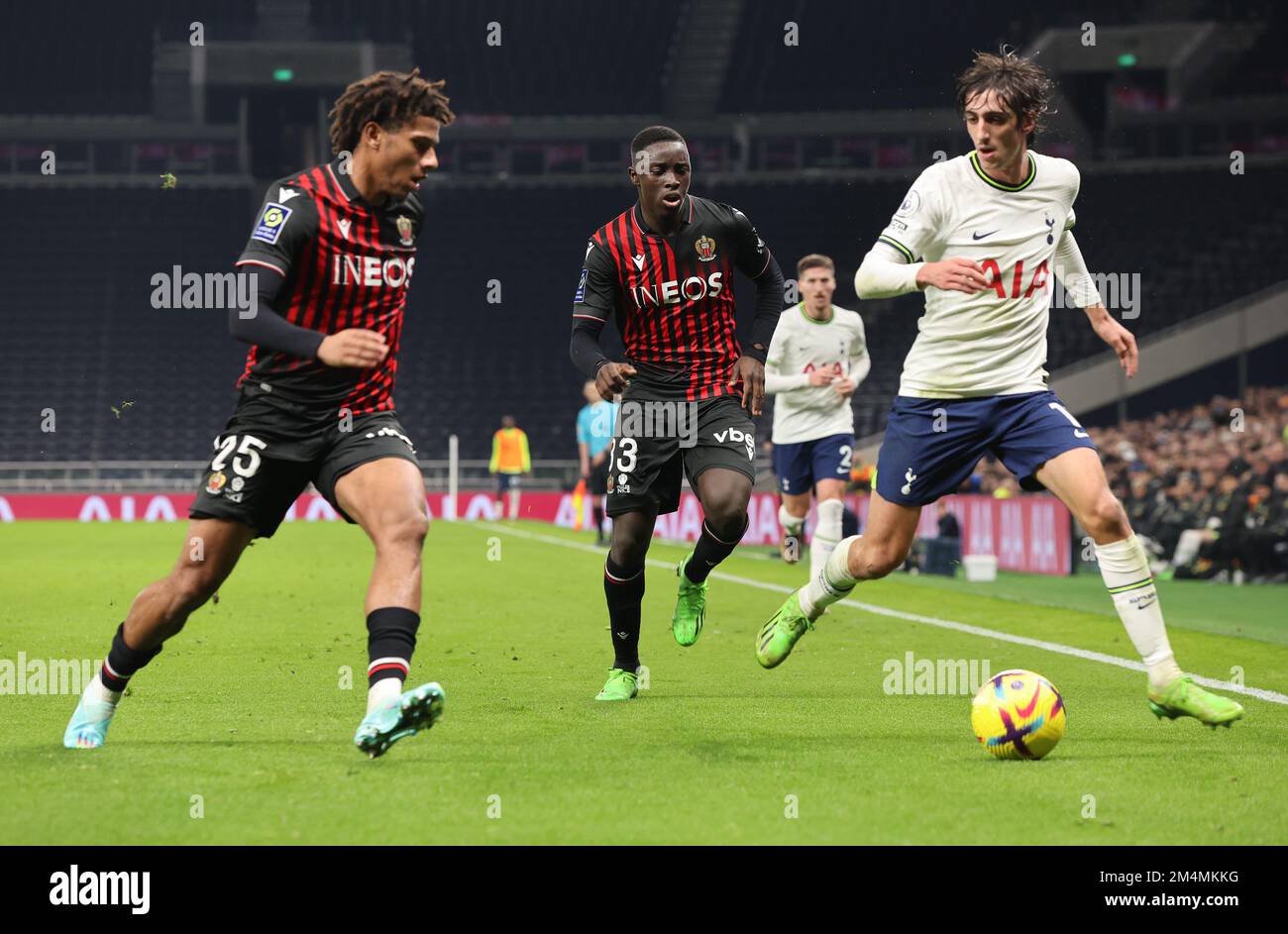 L-R Jean-Clair Todibo and Antoine Mendy  of OGC Nice and Tottenham Hotspur's Bryan Gil during the Friendly soccer match between Tottenham Hotspur and Stock Photo