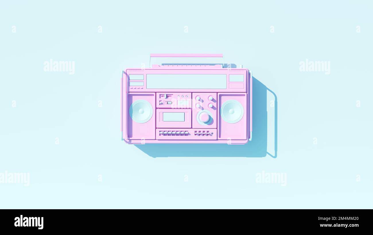 Pale Pink Blue Vintage 80's Style Boombox Hi Fi Portable Cassette Player Stereo Speakers Blue Background 3d illustration render Stock Photo