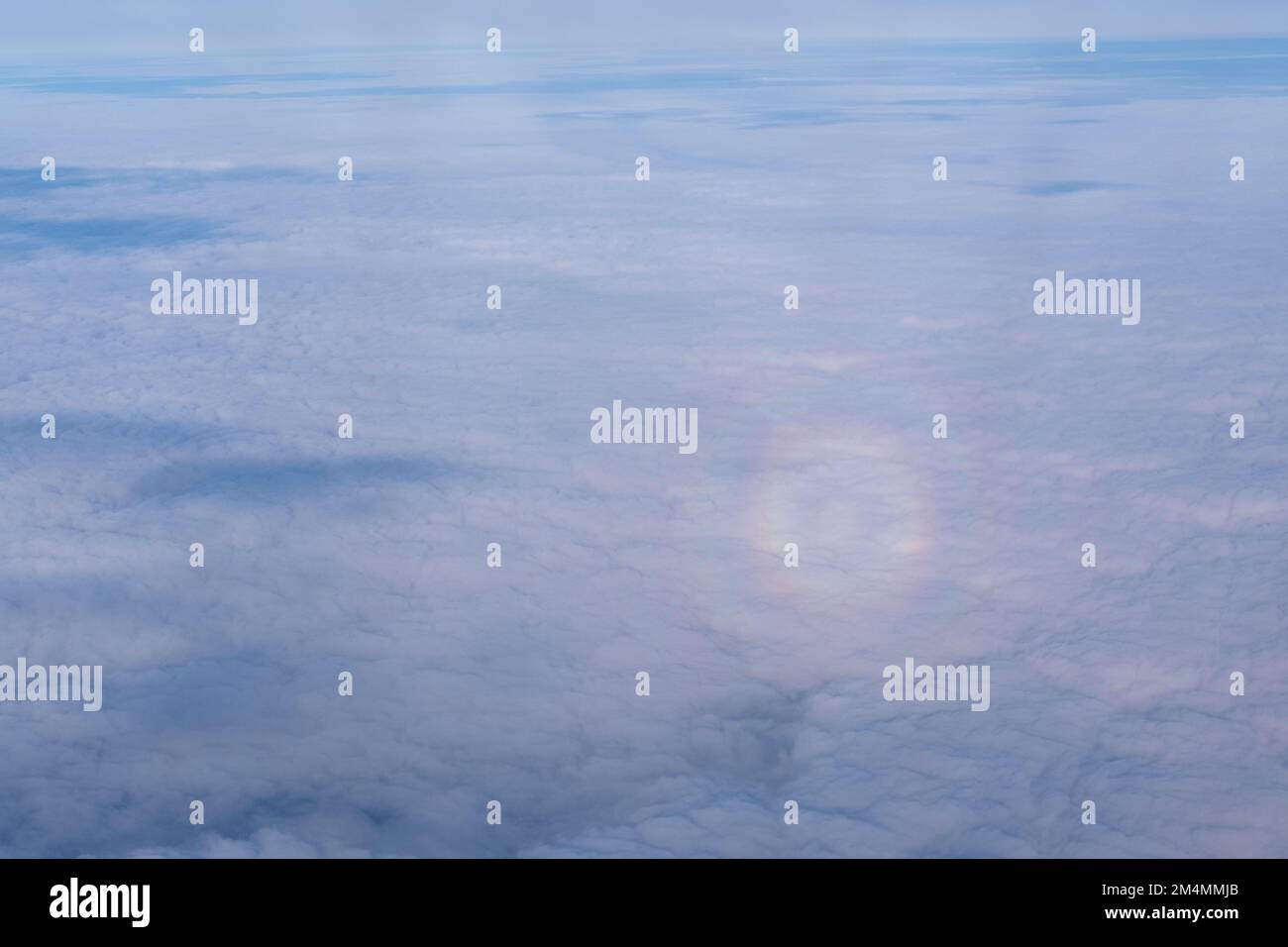 The view from the plane window of the round solar halo, Gloria on the background of dense clouds. View of the rings of the sun. Cloudscape. Cumulus cl Stock Photo
