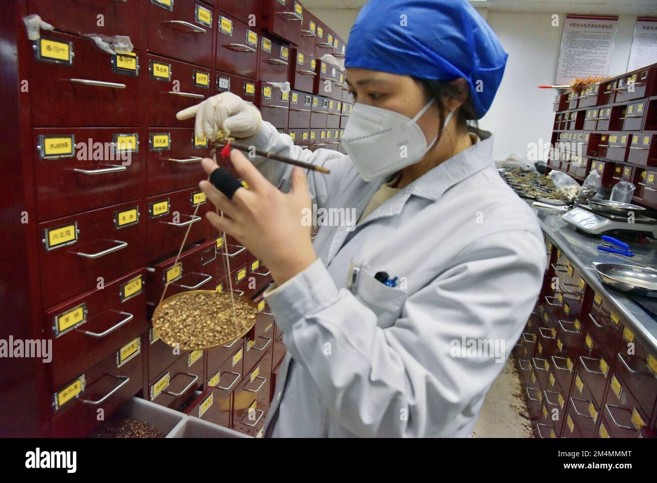 RUGAO, CHINA - DECEMBER 22, 2022 - A traditional Chinese medicine practitioner weighs herbs for mixing traditional Chinese medicine prescriptions at t Stock Photo